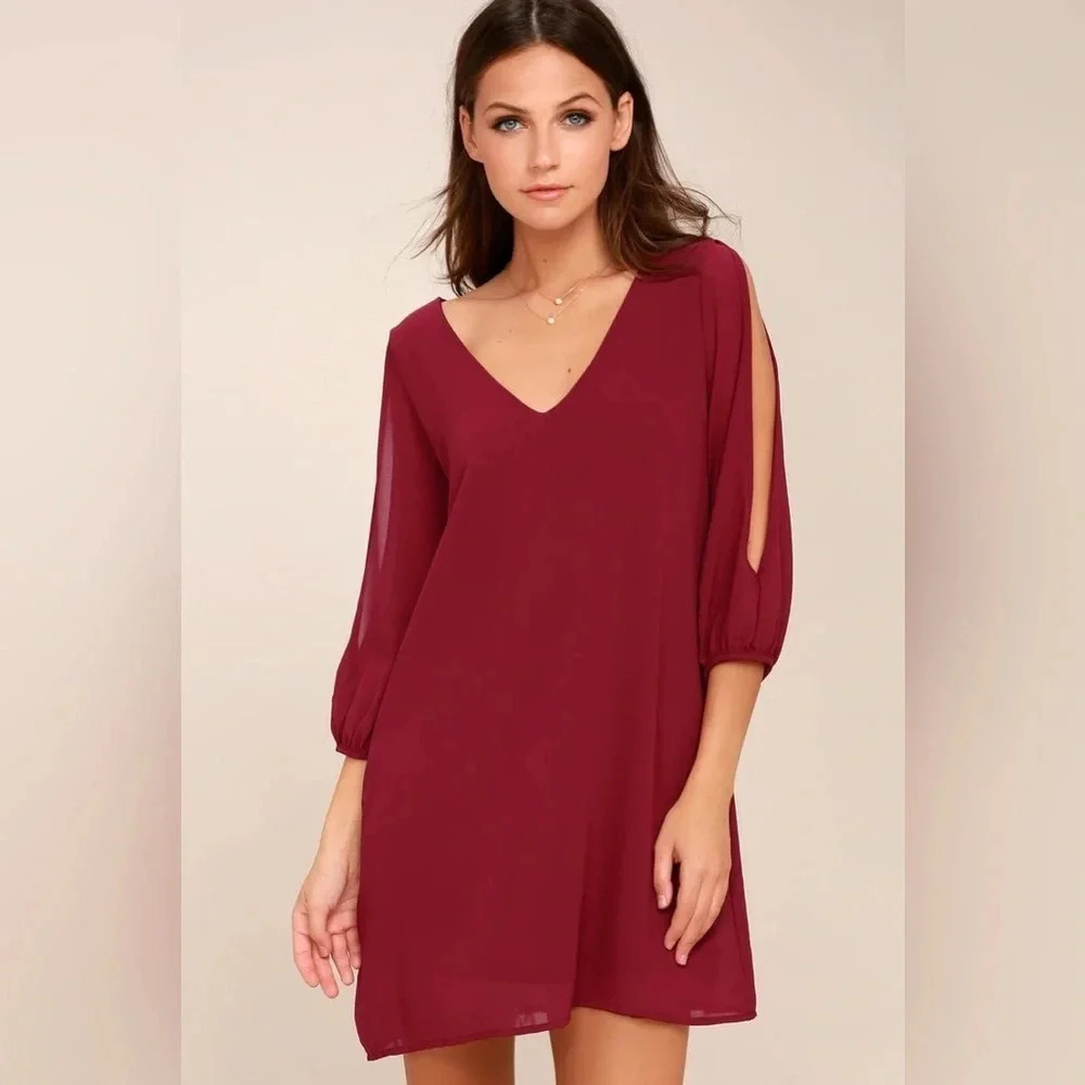 Lulus Shifting Dears Wine Red Long Sleeve Open Shoulder V-neck Dress size S